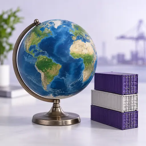 Globe and shipping container models representing international service