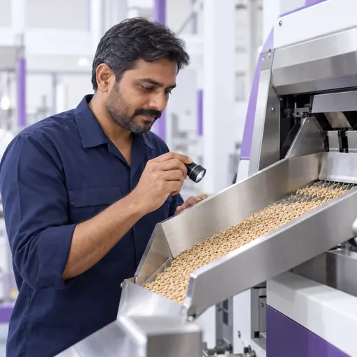 Engineer inspecting grain sorting equipment